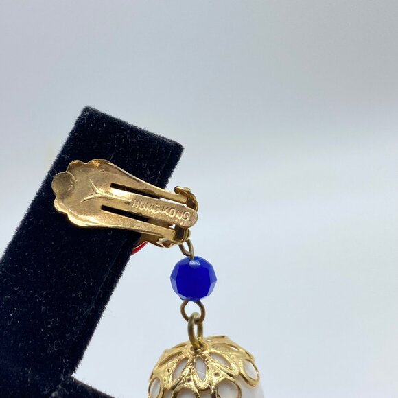 Vintage Hong Kong Red Blue & White Clip-On Dangle Earrings Gold-Tone Filigree - Picture 5 of 9